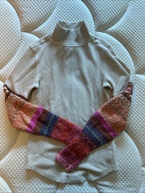 We The Free Cream Turtleneck Sweater with Multicolor Patterned Sleeves
